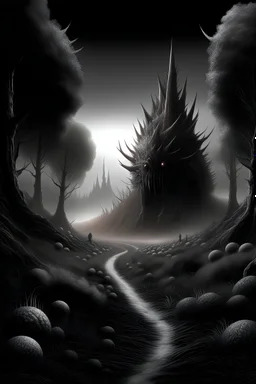 dark fantasy, road to gothic city, spiky growth forest, little beast, black and white