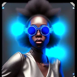 a black woman with blue crystal shiny sunglases dancing on the dancefloor, steam punk, realistic, made in octane, cinematic, ultra-realistic, extremely detailed octane rendering, 8K, VRAY Super Real ar 2:3, dof photorealistic futuristic 50mm lens hard lighting dark gray tintype photograph, realistic lighting