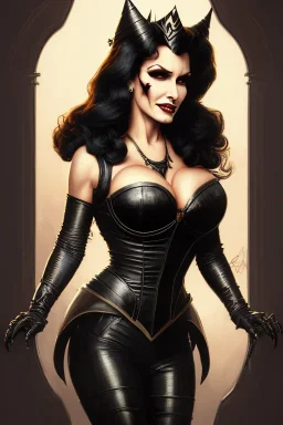 painting of lisa ann as evil queen in black leather, feminie, angry, stern look on her face, volouptous, busty, cleavage, emperious, mature, highly detailed, digital painting, artstation, concept art, smooth, sharp focus, illustration, art by gaston bussiere and alphonse mucha