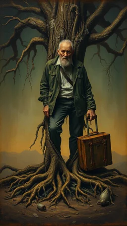 Bosch painting style nightmare, a man with tree roots legs planted in the ground , with an old travelers suitcase , dramatic sad scene, fantasy, scary.