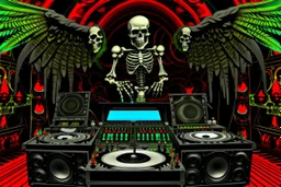 DJ of the damnded, insanely detailed DJ booth in hell, MID set, speakers and equipment made of bone, anatomically correct,