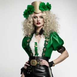 A beautiful woman with platinum blonde hair, curly hair, wearing St. Patrick style clothing, St. Patrick headdress, gold leather, buckles and eyelets, black leather belt, white lace, black boots, green fingernails, model in the style of Hapers BAZAAR of the 40s, white background.