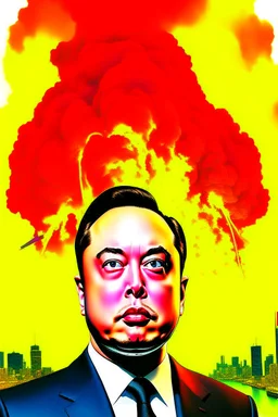 A volcano exploding over a New York City, inside the explosion flame Elon Musk face ,