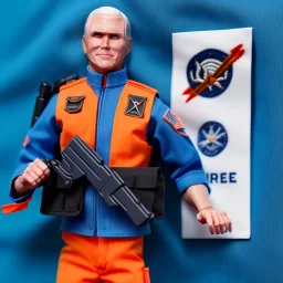 a large pile of Mike Pence G.I. Joe toy Doll spaceforce uniform, orange blue fabric, guns, wall packaging for sale, bright pricetag, finger, empty box