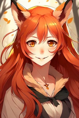 A female with long red hair, gold eyes, large fox ears, slight smile, pale skin, anime