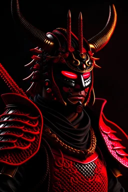 Samurai cyborg com armadura preta e vermelha e máscara hannya na face