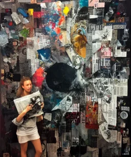 happy beautiful girl holding big proffesional camera in studio. street art, oil on canvas, spray paint, collage, letters, newspapeers, Dave McKean, Vladimir Fedotko, Saturno Butto, Vaughn Bodé, Frank Wu, James C. Christensen, collage, dirty, paint dripping, radiant