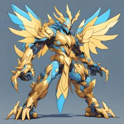 Aegisdramon with gold light-yellow tan-bronze pale-blue palette in toyism art style