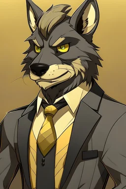 Buff anthro wolf himbo with black fur and gold eyes wearing a suit