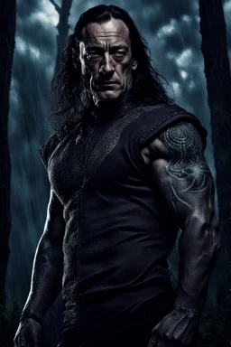 Jason Isaacs Very muscular man with long hair and tribal tattoos in armani suit in forest, realistic face, close-up, brutal, dark fantasy, smoke in the sky, lightnings, rain, intricate details, hyper detailed