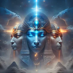 Ra, Osiris and Horus three heads in one glowing eyes in the cosmic fog