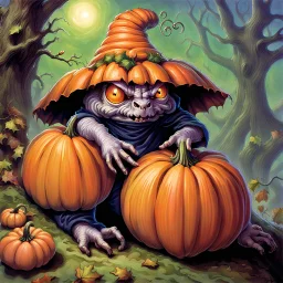 fantasy 90's tcg art of a fairytale pumpkin creature