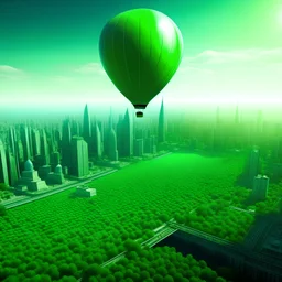 sosteniendo un globo flotando volando sobreciudad verde futurista