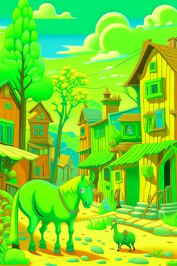 A lime green western town with animals painted by Paul Ranson