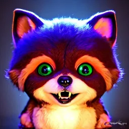 cute chubby gremlin ewok fox monster, friendly, darling creature, pet monster, meticulously detailed fur, cute face, pastel freckle spots, smile, four enormous clear bright neon eyes, huge, pointed ears; colorful; by Aleksandr Kumpan, CreatureBox, Justin Gerard; luminous color sparkles, 3D realistic, photorealism, high contrast