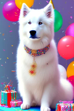 Cute, fluffy, happy looking white Samoyed dog, colorful, summer time, birthday, festive atmosphere, detailed, congratulating