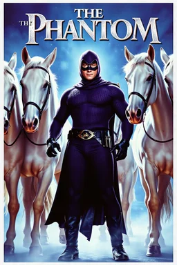 Movie Poster - ((("THE PHANTOM"))), extremely thick, muscular, 6'6'' 18-year-old Billy Zane with extremely exaggerated muscles as the Phantom, long-sleeved, textured, padded purple cotton bodysuit with skintight, formfitting textured purple cotton cowl with ((black eye mask)) and widow peak, black gloves and wrist gauntlets, black boots, double holstered utility belt, skull-shaped belt buckle, glowing, white eyes, standing next to his white horses, captured in a breath-taking explosion of color,