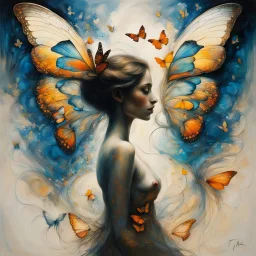 A mesmerizing mixed-media masterpiece by T. Mann NYC, seamlessly blending the styles of renowned artists such as Bouguereau, Anne Bachelier, Zdzislaw Beksinski, Dan Seagrave, J.M.W. Turner, and Van Gogh. A captivating exploration of the butterfly effect unfolds as a beautiful female silhouette takes center stage. The background artfully merges minimalist chalk pastel techniques with a dark monochrome palette, creating an enchanting atmosphere. In this masterpiece, a mesmerizing blue bird spreads