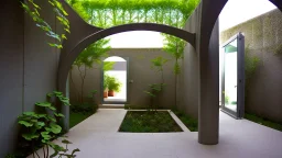 A small and irregular courtyard with curved concrete walls with random openings or openings of different sizes through which the sun's rays enter and other straight glass walls through which the silhouette of people inside can be guessed. Ivy grows on some of the walls.