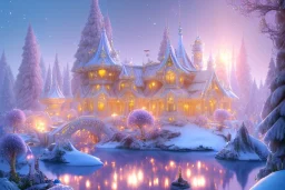 a magical crystal snow bleu gold house in the woods, pink vertical, blue lake,sharp, vines, candlelit, endor, ornate, elegant, highly detailed, artstation, concept art, smooth, sharp focus, illustration, 8k, splash art, wallpaper, key visual