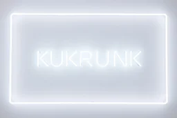 A simple neon sign labeled "KUKRUNK" white background and bold 80s font