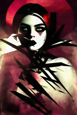 Explosive abstract collage style image of a beautiful gothic girl, dramatic, pieces of cloth material, textured moon in background, bob wire, gothic sureoundings