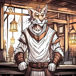 A scared male khajiit from Skyrim dressed in dirty rags with brown spotted fur in a medieval fantasy tavern cartoon