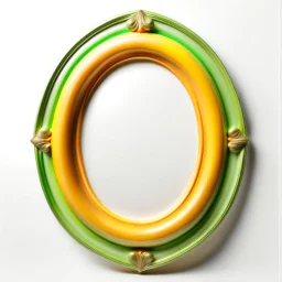 Oval picture frame in the colors mango and light green and some light orange all on a light background