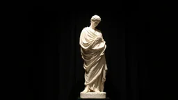 A white marble statue of a draped figure against a black velvet backdrop, illuminated by a single, dramatic spotlight.