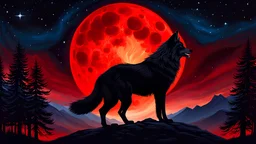 A_lone_wolf_silhouetted_against_a_blood-red_moon_howls_at_the_starry_sky, its fur bristling and its eyes reflecting the celestial fire. Capture the raw power and primal beauty of this moment in a masterpiece oil painting style. (Nature, evocative, superstition)