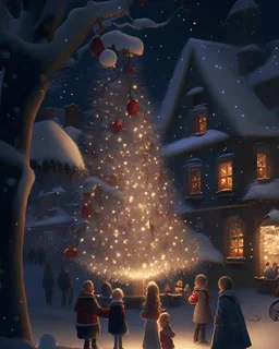 A tranquil, moonlit night in a snow-covered village, with gently falling snowflakes and the warm glow of lights emanating from cozy homes. A group of children gather around a beautifully decorated tree in the town square, singing carols and celebrating the holiday season. 8K resolution, soft lighting, and a nostalgic atmosphere evoke a sense of warmth and joy.