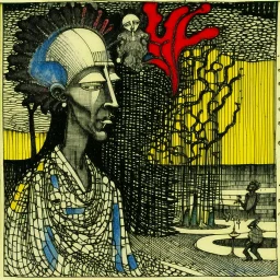 Schiță în creion de Jean Cocteau reprezentand o imagine pe tema halucinatiilor provocate de droguri , cu culori primare tari, fantezie de înaltă definiție calitate clară, stiluri de Utagawa Hiroshige, Paul Klee Dee Nickerson și Tim Burton, acuarelă topită și contururi de cerneală neagră pe hârtie umedă, linii moi, umbrite