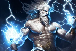 Detailed and realistic illustration of Greek god Zeus holding holding lightning.