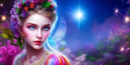 bright fairy, beautiful portrait, flowery landscape