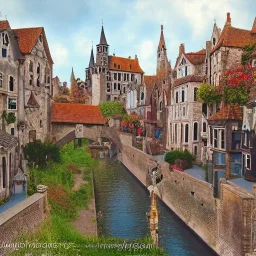 An old magical gothic little town with a castle and canals Nick Harris style