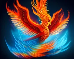 surreal illustration of a fiery phoenix, a flaming phoenix, realistic, surrealism, surreal phoenix with glowing fire wings, glowing soft and smooth wings, abstract surreal fantasy art, highly detailed, intricate patterns on wings, soft studio lighting, smooth dark blue background 64k
