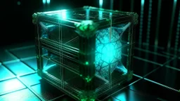 Cube tesseract from movie Loki. Tesseract size third part of image size. Located strictly in the middle of picture with space around it and with navy blue/green glow inside tesseract. Without surface/table on which it stay.