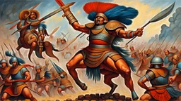 Giant Tlahuicole Tlahuicolli Tlaxcala futuristic warrior defeating many Spanish Conquistadores