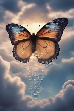 Majestic butterfly with bubbles surrounding it, going up into the clouds at dusk