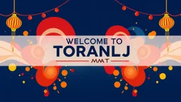 An attractive design with the text (WELCOM TO TORANJ PLUS MARKET) in the middle of the image in a prominent manner with a blue, red, orange, and gold color theme.