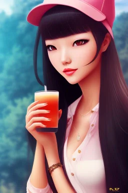 Asian girl, cute, drink thé