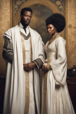 interracial marriage, white man and black woman, wearing aristocratic robes