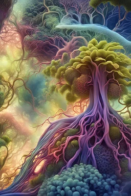 A vividly transformed world of vibrant and advanced plant life is depicted in this image. The intelligent biological flora in this neotropic realm is visually captivating, as intricate veins replicate technological patterns within their structure. The colors of green and blue are brilliantly saturated, creating a sense of awe and fascination. The image, whether it be a photograph or a digital rendering, is of exceptional quality, showcasing every intricate detail of the evolved flora.