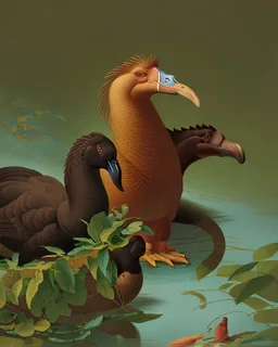 John James Audubon-like illustration of a fully uncropped Dodo bird and a Platypus in a chinoiserie landscape of warm yellows, warm reds, and warm blues