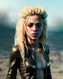 portrait, Shakira, blonde artist, angry, Realistic image, MMA robe, hoodie, mma gloves, loose long hair, eyes, make-up, gold line make-up, moisture, sweat, fog, goddess, Neon colors, leds. Black background, photo studio, concept art, smooth, unreal engine 5, god lights, ray tracing, RTX, lumen lighting, ultra detail, volumetric lighting, 3d, finely drawn, high definition, 4k.