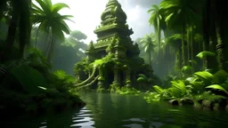 cambodia lost temple of jungle palms in the center of a lush garden surrounded by a band of water that flows in The four rivers of fantasy art 3d