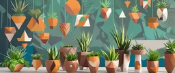 Create an abstract mural illustrating geometric planters and pots arranged in an artistic pattern, adding an ordered and visually interesting element to the greenery.