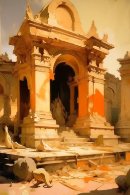 A light rosy orange colored ruined temple with sundials painted by John Singer Sargent