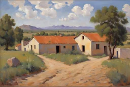 sunny day, clouds, rocks, trees, mountains, countryside, dirt road, adobe old house, gustave caillebotte and pieter franciscus dierckx impressionism paintings