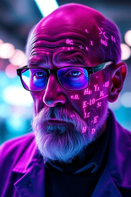 Ultra-realistic cyberpunk portrait of an elderly scientist with glasses, illuminated by glowing neon mathematical formulas projected across his face, head, and neck. The man has a bald head with a trimmed beard, sharp blue eyes, and a serious expression. Equations and scientific symbols shimmer in pink, purple, and blue neon light, blending seamlessly with his skin and clothing. Futuristic digital atmosphere with bokeh lights in the background, cinematic lighting, hyper-detailed textures, high c
